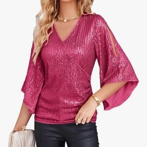Grace Karin Pink Sequin V-Neck Tops